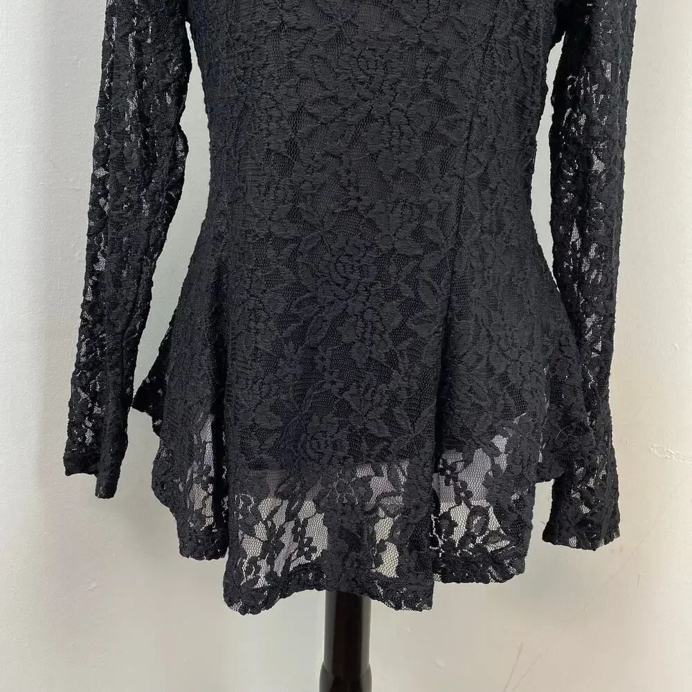 Carmen Marc Valvo Black Lace Long Sleeve Layered Top Medium - Picture 3 of 7